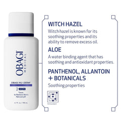 Obagi Nu-Derm toner bottle with key ingredients product details on a white background