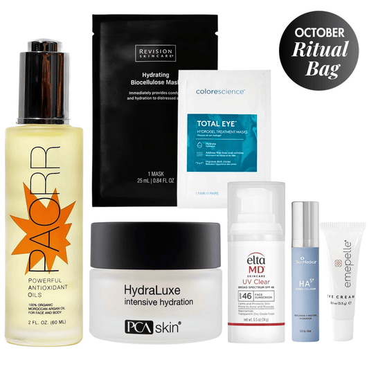 October Exclusive Beauty Club Beauty Ritual Bag featuring dermatologist-recommended skincare from PAORR, Biopelle, SkinMedica, EltaMD, Revision Skincare, PCA Skin, and Colorescience, including hydrating, eye care, facial oil, moisturizer, mask, and SPF essentials. Available at Exclusive Beauty Club.