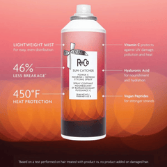 R+Co Sun Catcher styling spray bottle with product features on a colorful background