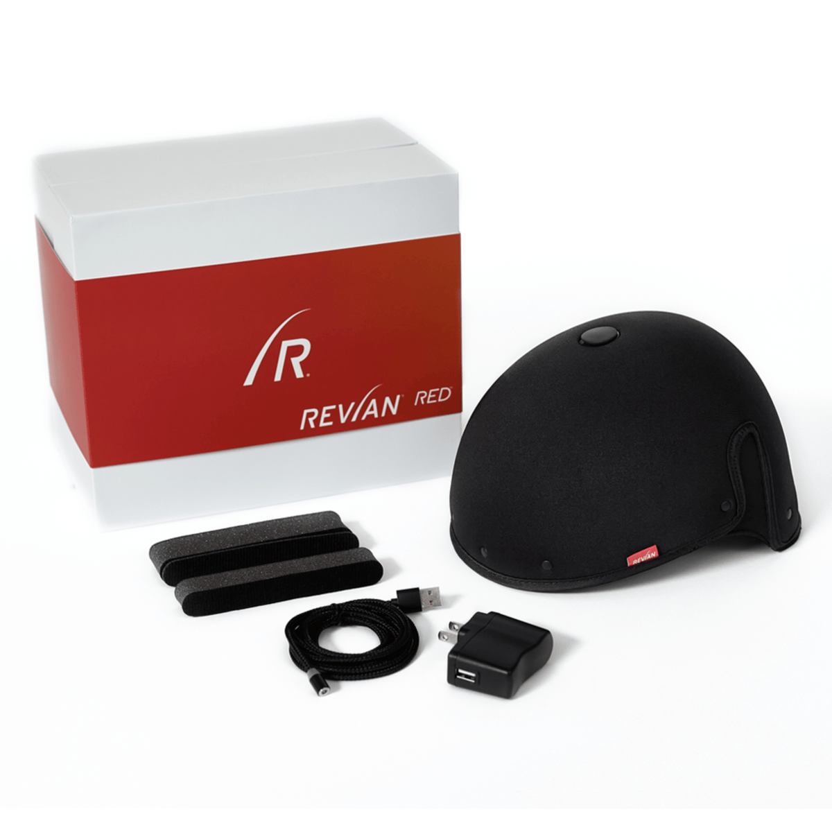 REVIAN Red Hair Growth System LED therapy cap designed to improve hair density and thickness with dual-wavelength light technology. Available at Exclusive Beauty Club.