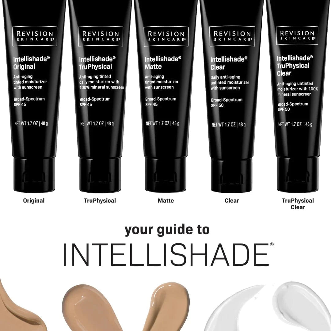Revision Skincare Intellishade product lineup with different shades on a white background