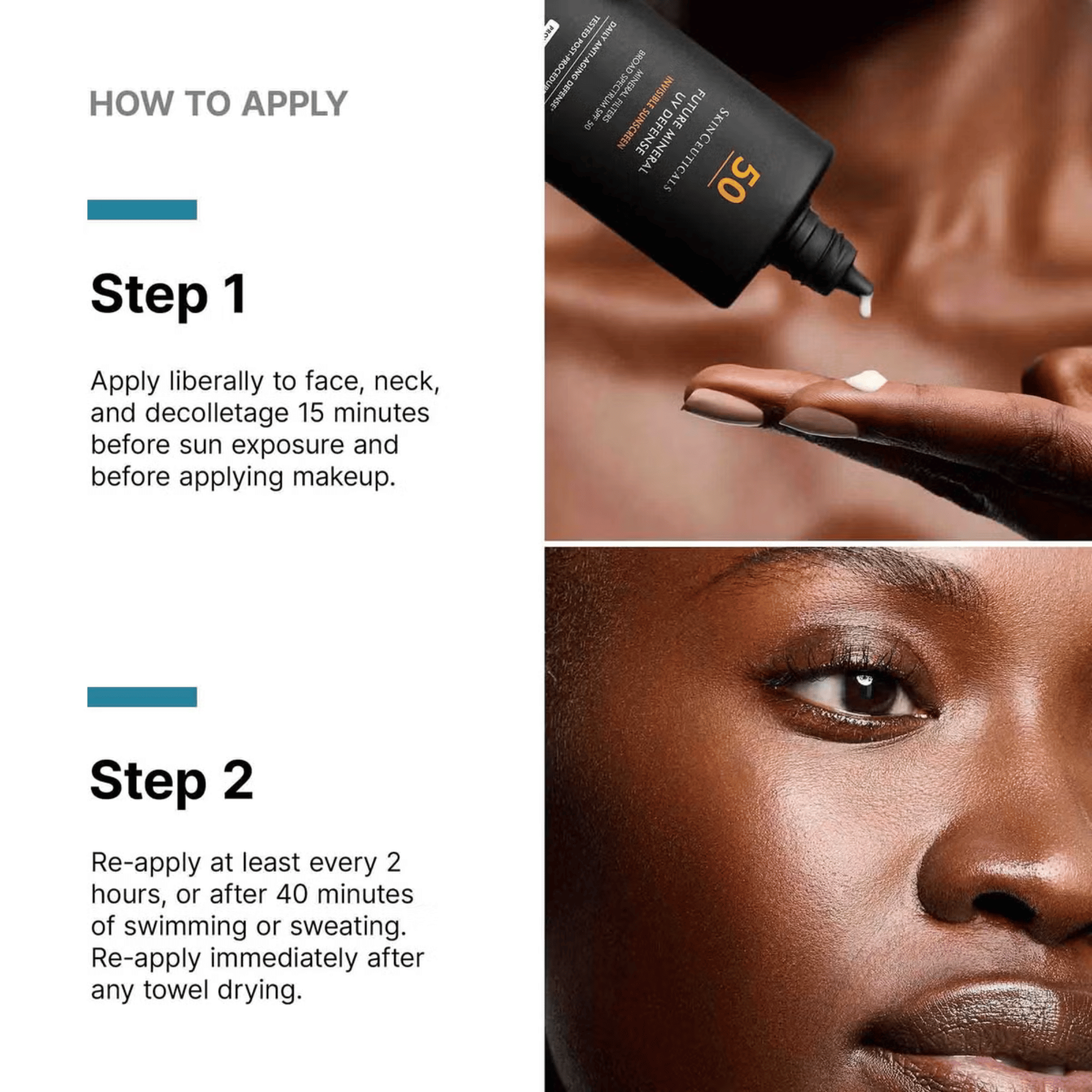 How to apply SkinCeuticals Future Mineral UV Defense SPF 50: apply 15 minutes before sun exposure, reapply every 2 hours. Available at Exclusive Beauty Club