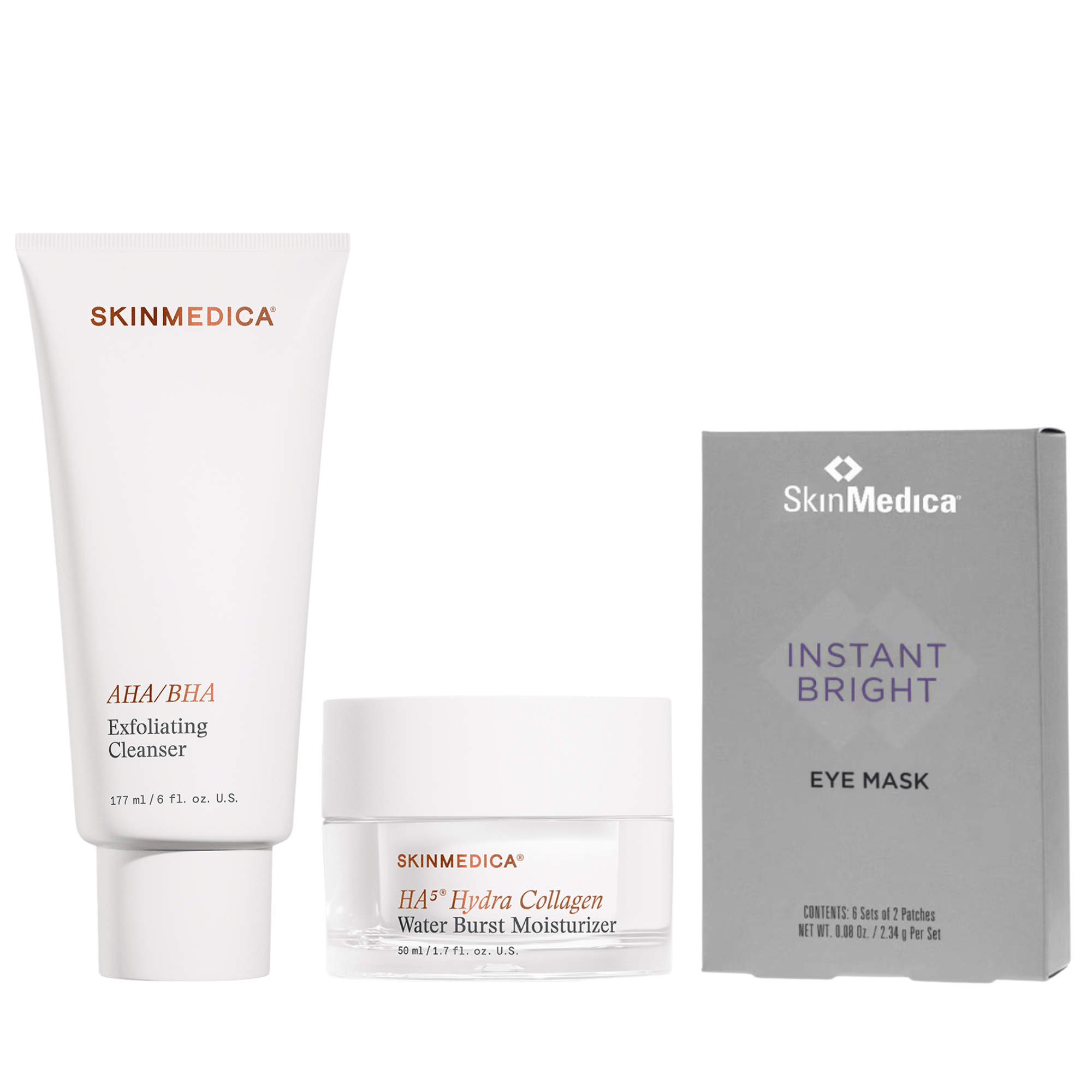 Refresh and hydrate summer skin with SkinMedica Summer Skin Essentials featuring AHA/BHA Cleanser, HA5 Moisturizer, and Instant Bright Eye Masks.