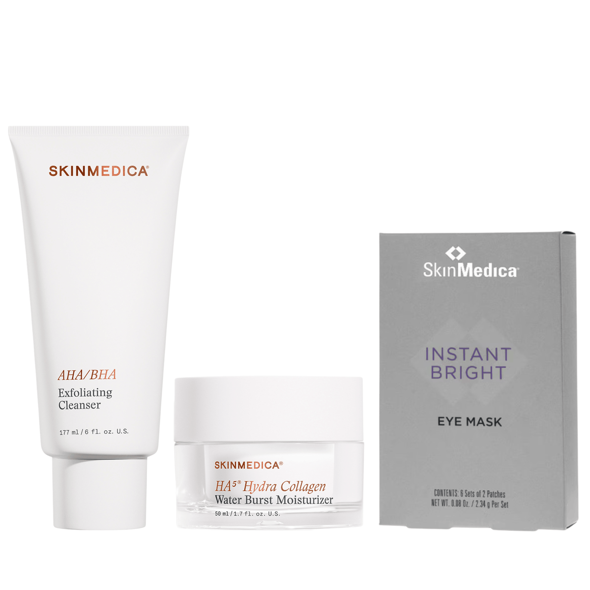 Refresh and hydrate summer skin with SkinMedica Summer Skin Essentials featuring AHA/BHA Cleanser, HA5 Moisturizer, and Instant Bright Eye Masks.