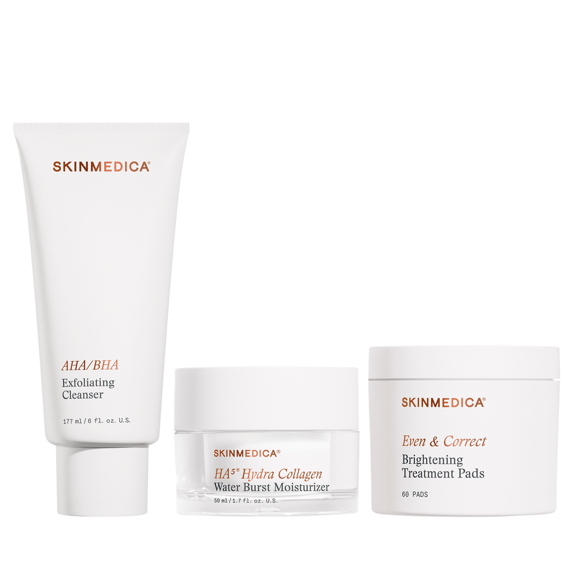 Brighten, exfoliate, and hydrate with the SkinMedica Brighten & Hydrate Kit featuring AHA/BHA Cleanser, HA5 Moisturizer, and Brightening Pads.
