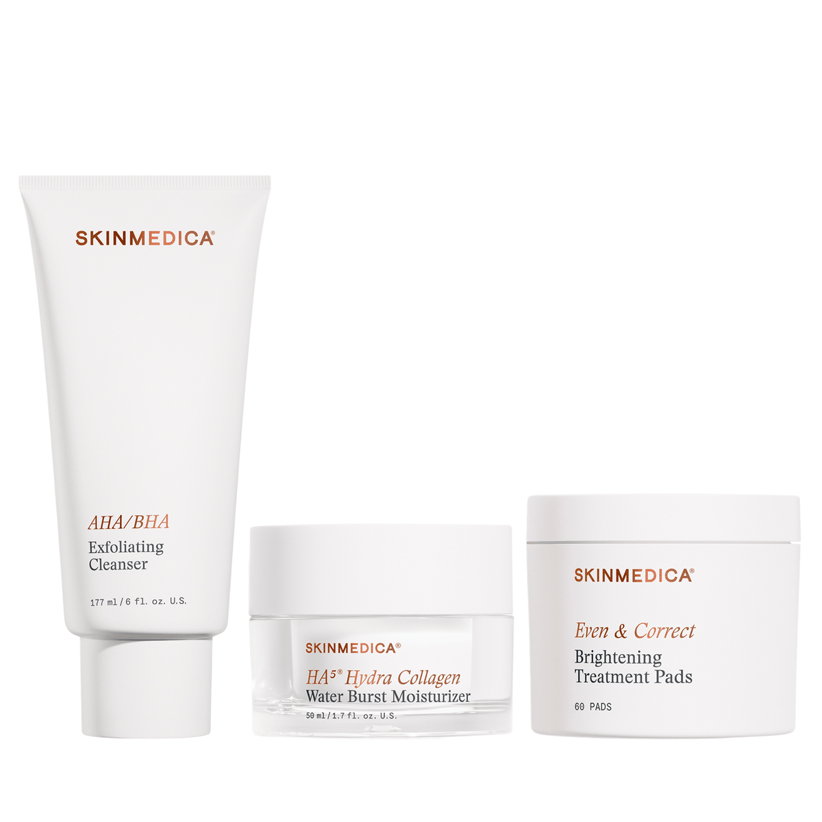 Brighten, exfoliate, and hydrate with the SkinMedica Brighten & Hydrate Kit featuring AHA/BHA Cleanser, HA5 Moisturizer, and Brightening Pads.