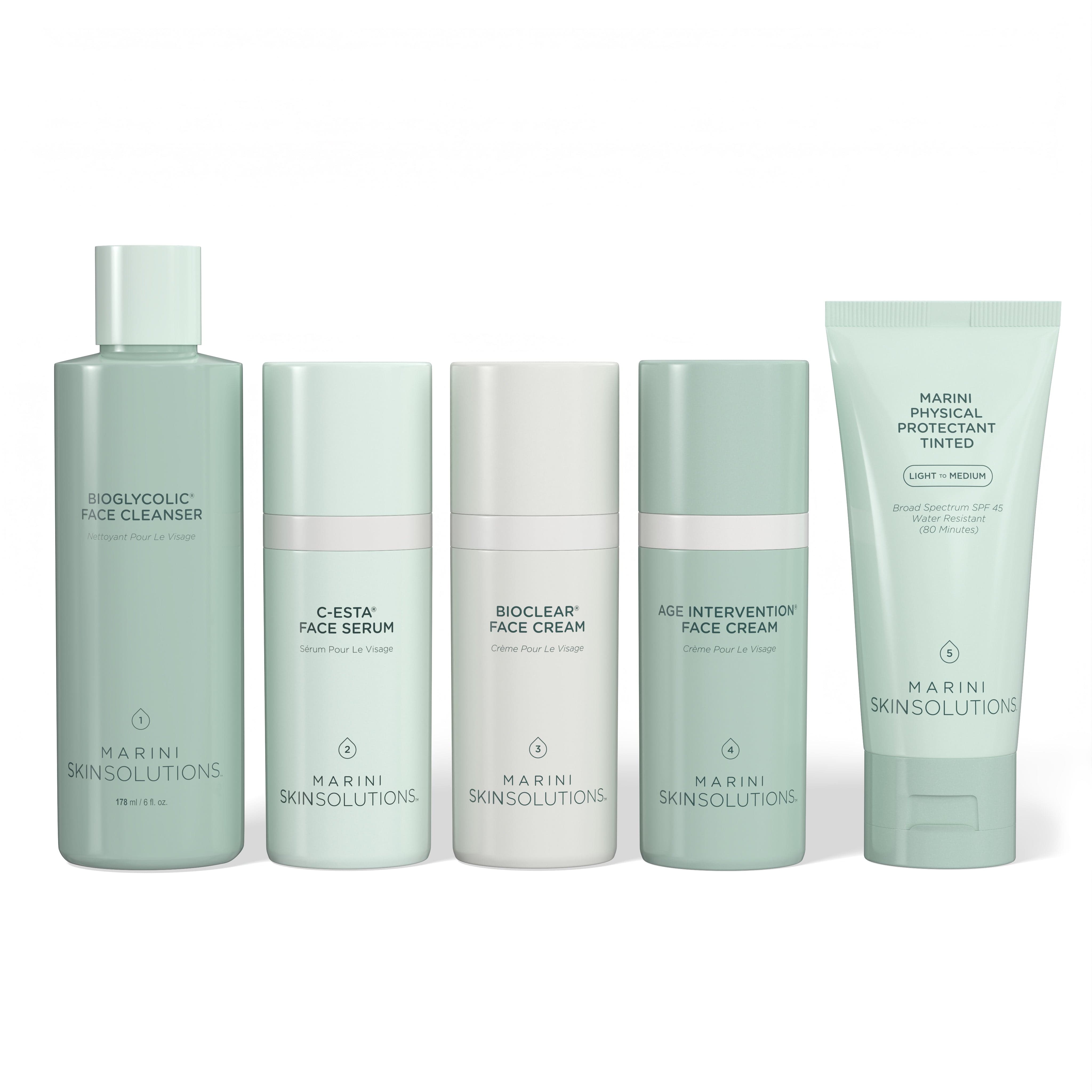 Set of skincare products from Marini Skinsolutions on a white background