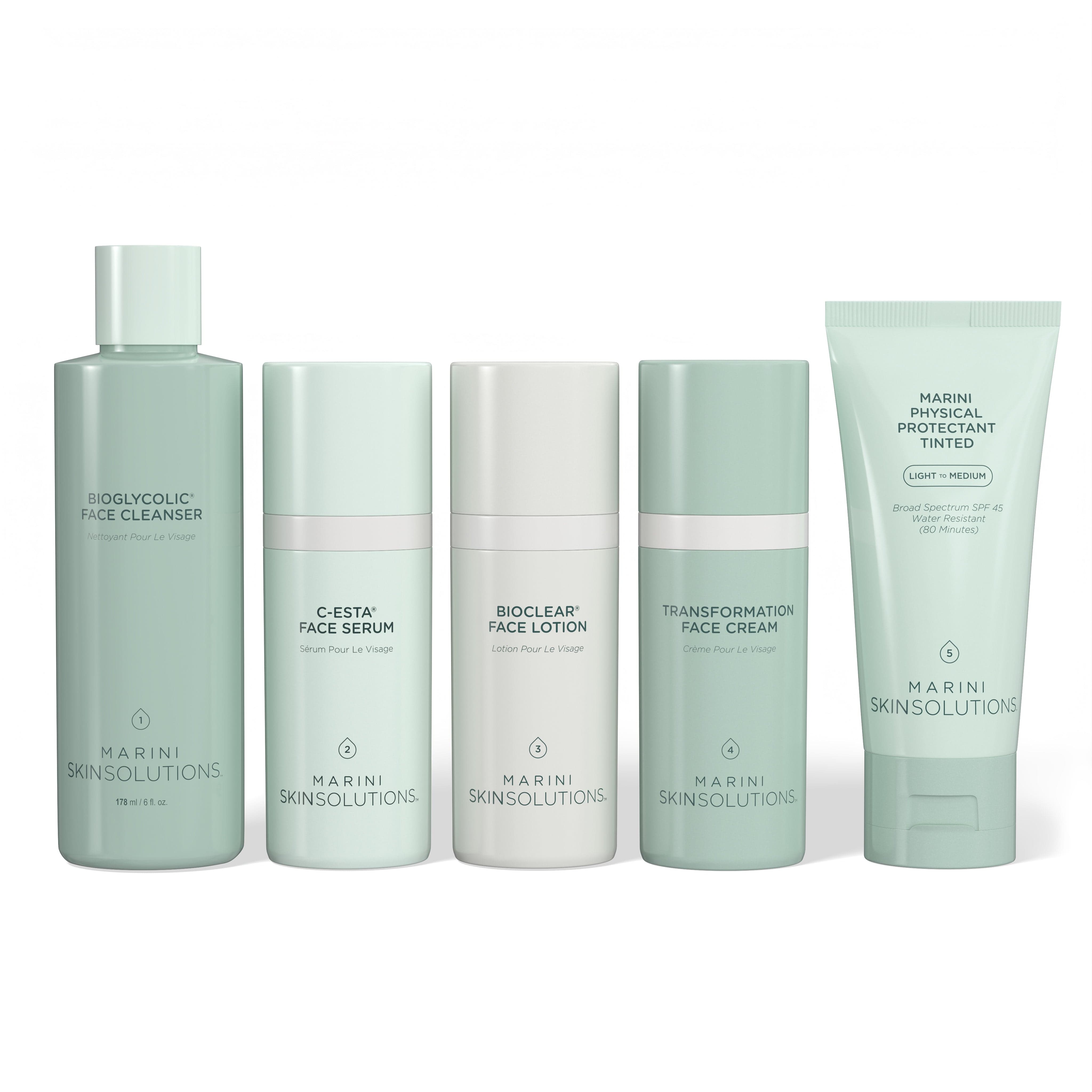 Set of skincare products from Marini Skinsolutions on a white background