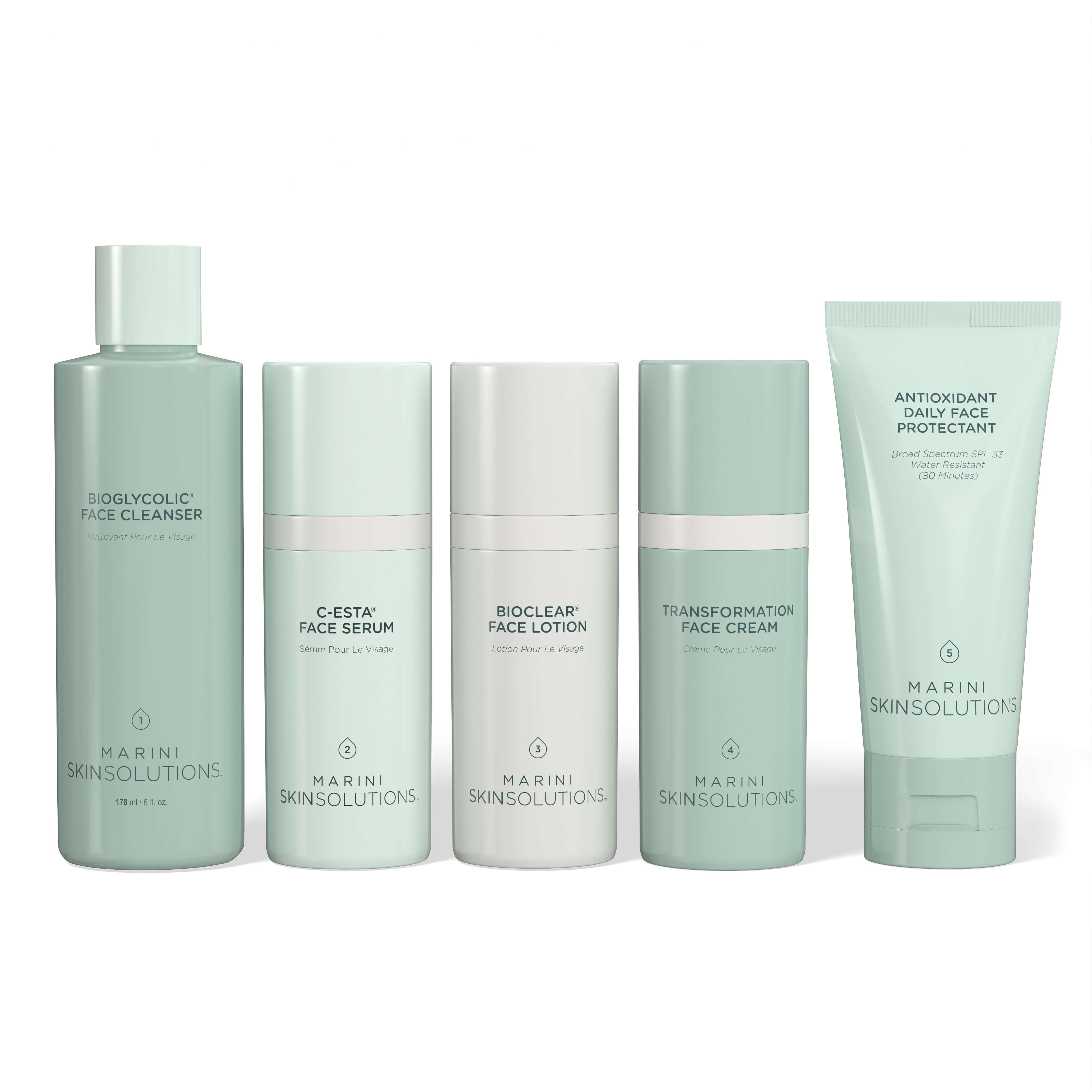 Set of skincare products from Marini Skinsolutions on a white background