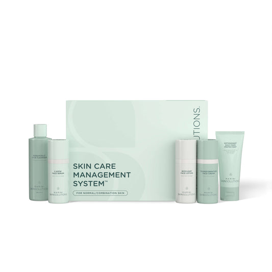 Set of skincare products with a box labeled 'Skin Care Management System' on a white background