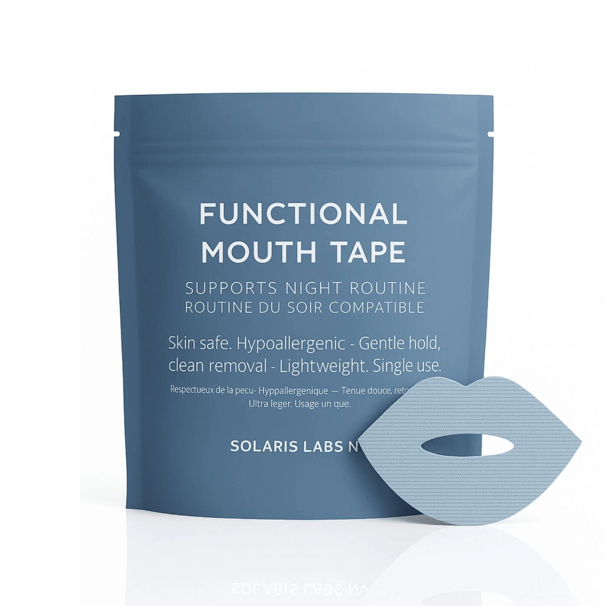 Solaris Laboratories NY Functional Kinesiology Mouth Tape strips for supporting nasal breathing and reducing snoring during sleep. Available at Exclusive Beauty Club.