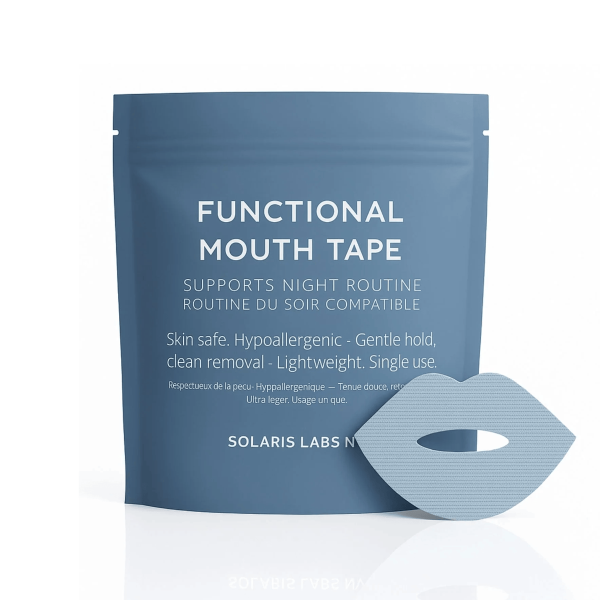 Solaris Laboratories NY Functional Kinesiology Mouth Tape strips for supporting nasal breathing and reducing snoring during sleep. Available at Exclusive Beauty Club.