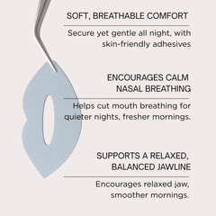 Solaris Laboratories NY Functional Kinesiology Mouth Tape strips for supporting nasal breathing and reducing snoring during sleep. Available at Exclusive Beauty Club.