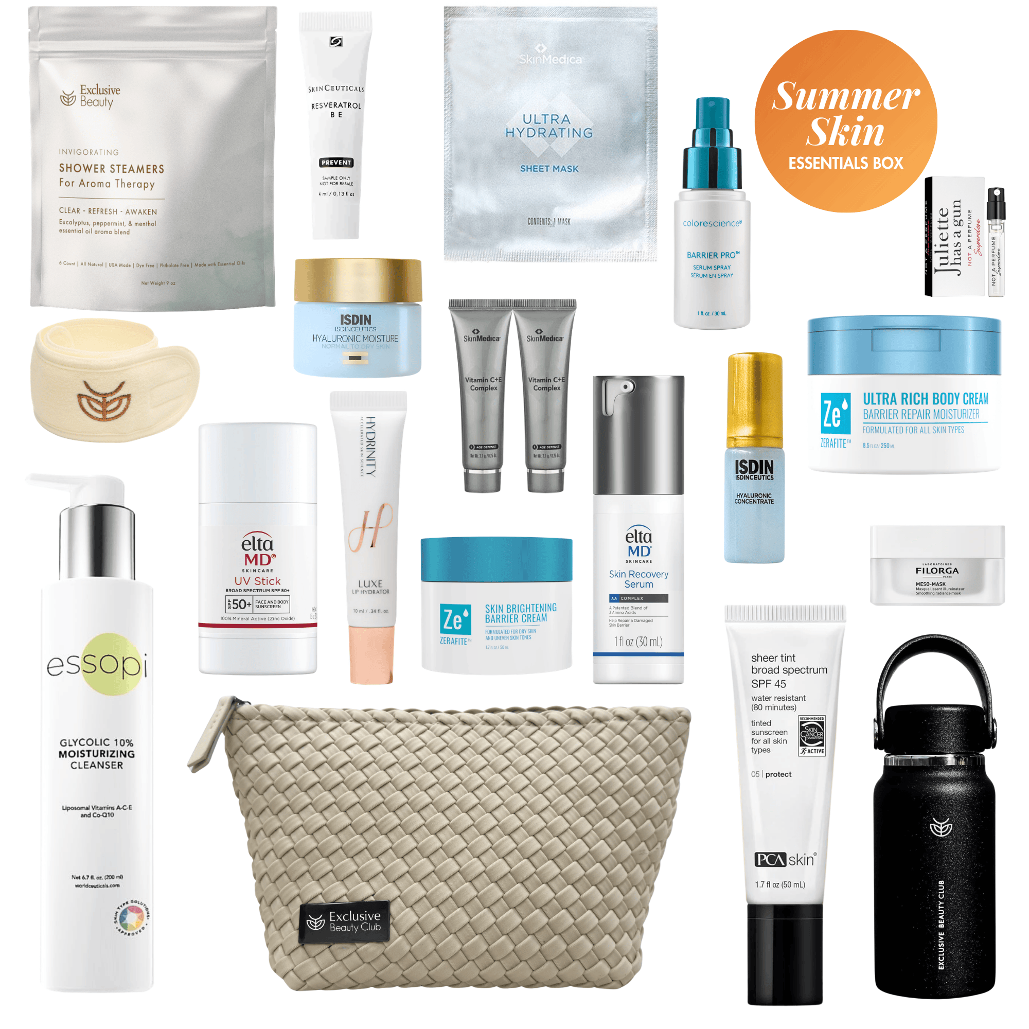 Summer Skin Essentials Box with skincare products including SPF serums moisturizers sheet mask and Exclusive Beauty Club cosmetic bag