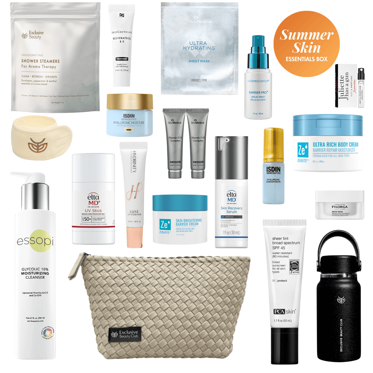Summer Skin Essentials Box with skincare products including SPF serums moisturizers sheet mask and Exclusive Beauty Club cosmetic bag