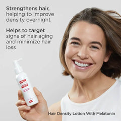 Woman holding a bottle of ISDIN hair density lotion with text about its benefits.