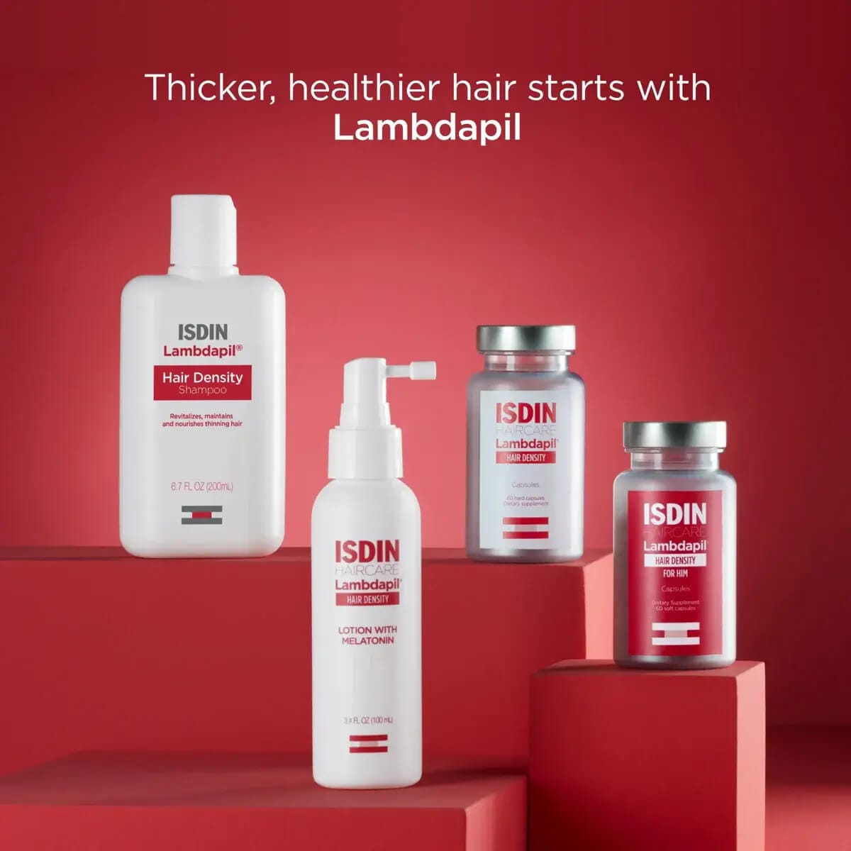 ISDIN Lambdapil hair care products on a red background