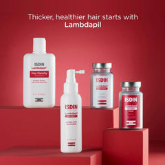 ISDIN Lambdapil hair care products on a red background
