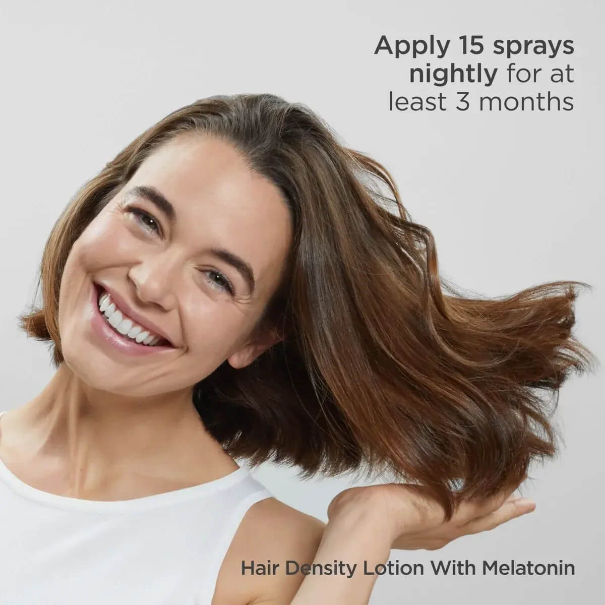 Woman with styled hair applying a product, with text about usage instructions.