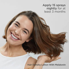 Woman with styled hair applying a product, with text about usage instructions.