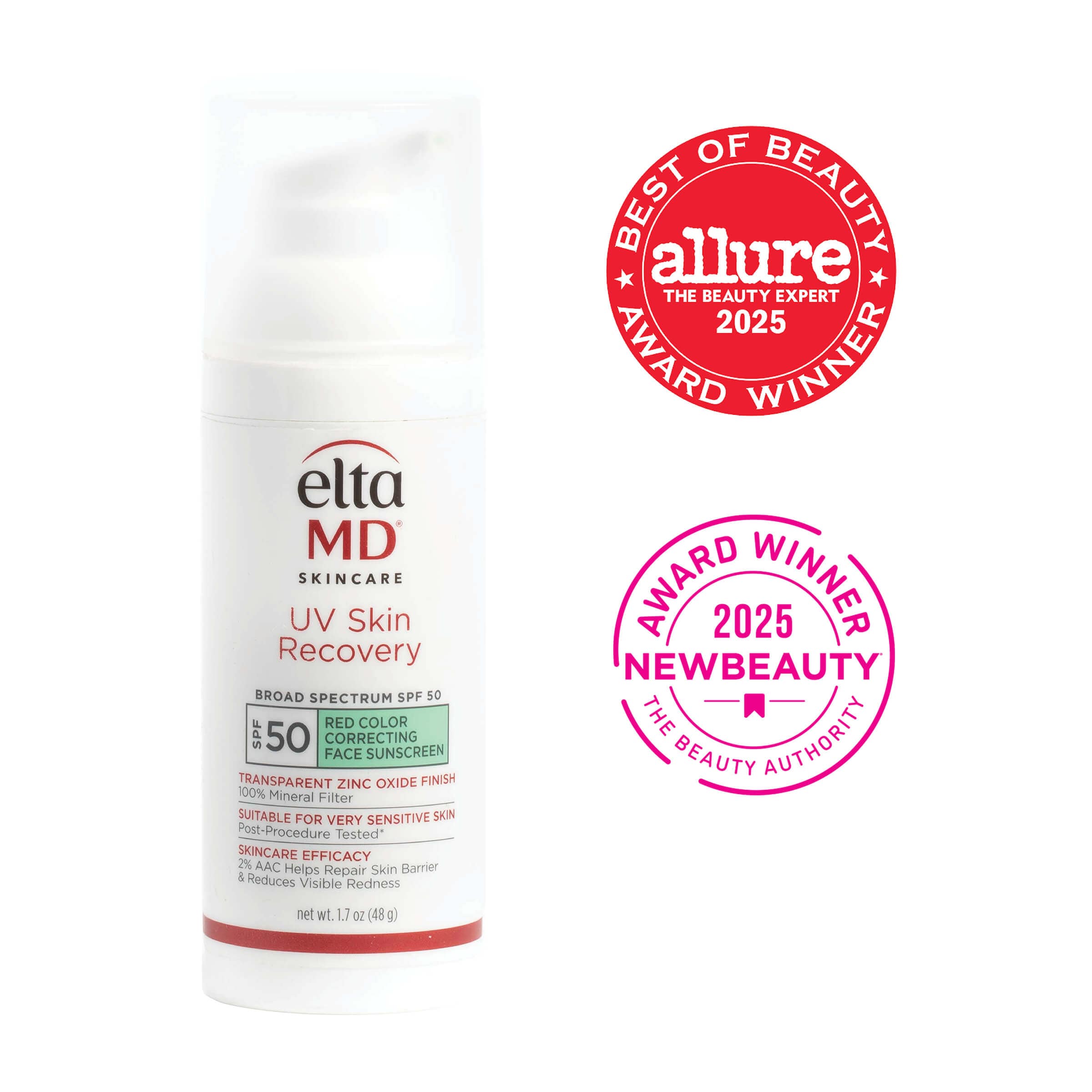 Eltma MD skincare product with 'Allure' and 'NewBeauty' awards on a white background