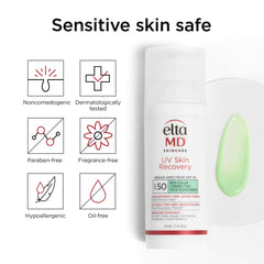 Eltma MD UV Skin Recovery sunscreen packaging with safety features icons on a white background