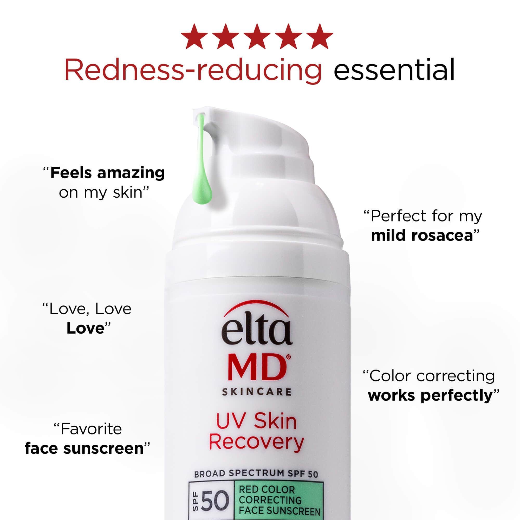 EltaMD UV Skin Recovery SPF 50 Red Color Correcting Face Sunscreen bottle with positive customer testimonials on a white background