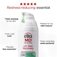 EltaMD UV Skin Recovery SPF 50 Red Color Correcting Face Sunscreen bottle with positive customer testimonials on a white background