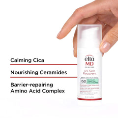 Hand holding a bottle of Elta MD UV Skin Recovery sunscreen with product features listed.