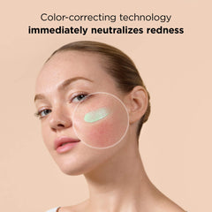 Woman with redness on her face, showing a product application, with text about color-correcting technology.