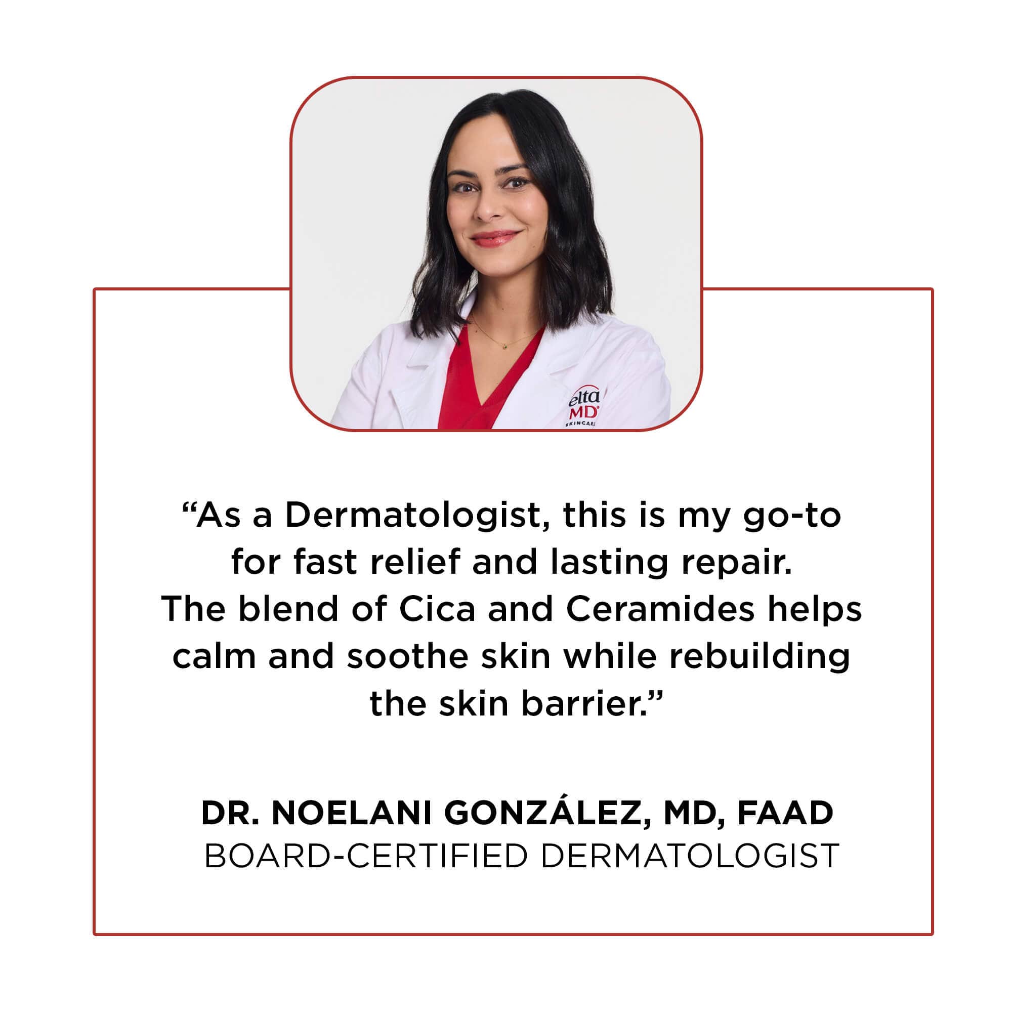 Dermatologist Dr. Noelani Gonzalez with a quote about a skincare product on a white background