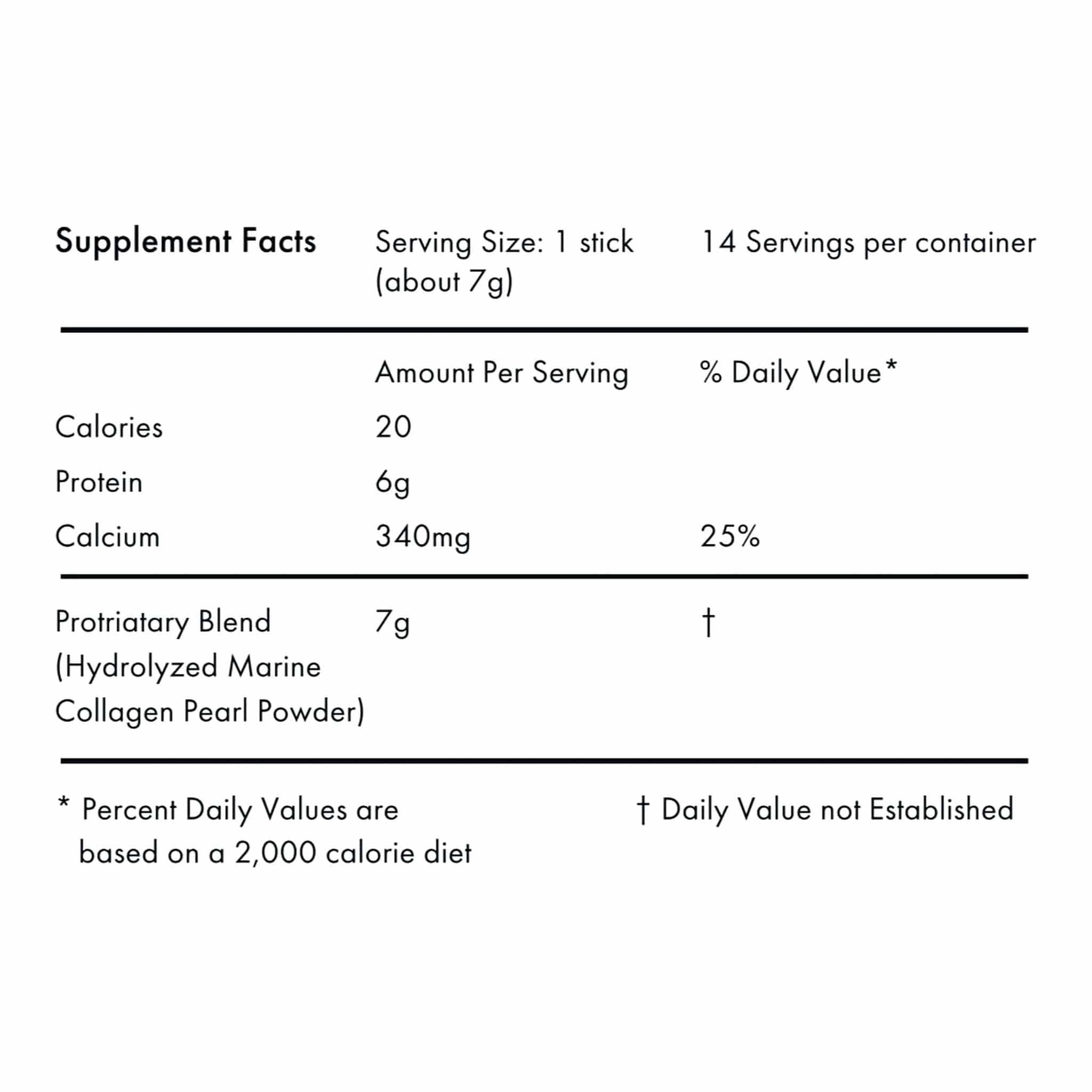 Agent Nateur holi mane supplement facts showing 6g protein and 340mg calcium per 7g marine collagen and pearl stick (115)