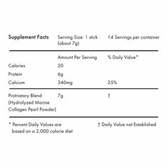 Agent Nateur holi mane supplement facts showing 6g protein and 340mg calcium per 7g marine collagen and pearl stick (115)