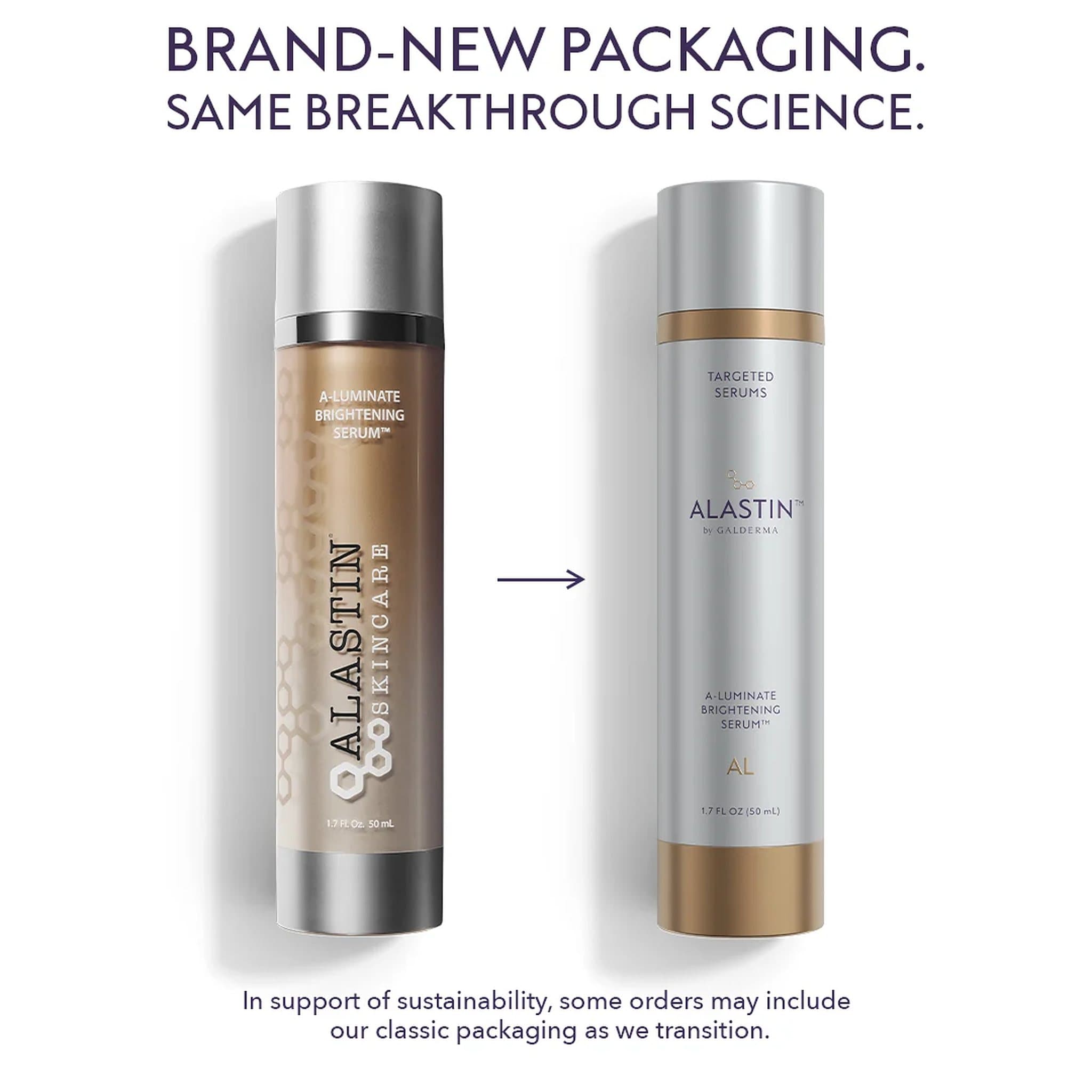 ALASTIN A-Luminate Brightening Serum classic bronze bottle beside new silver and gold packaging