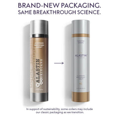 ALASTIN A-Luminate Brightening Serum classic bronze bottle beside new silver and gold packaging