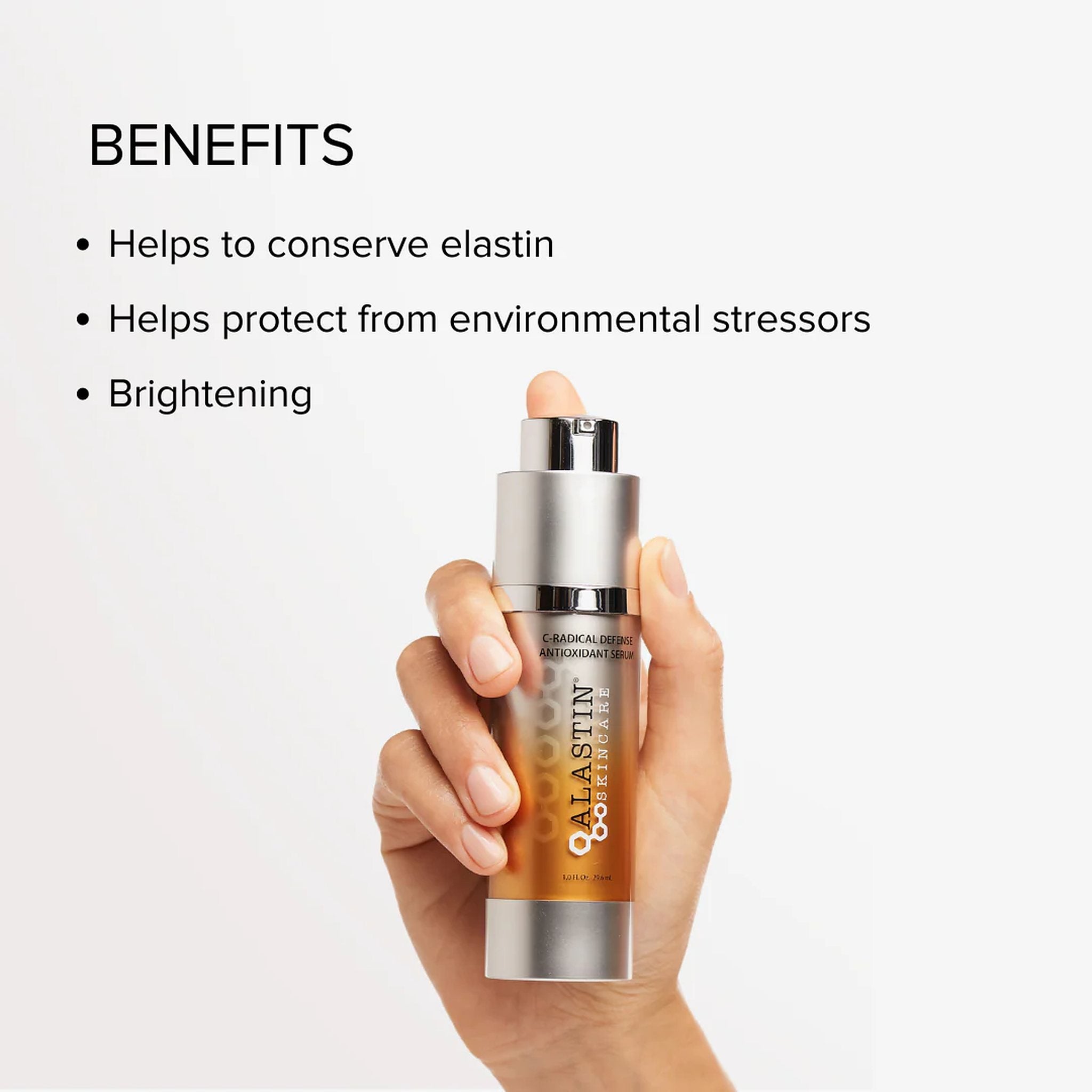 Hand holding ALASTIN C-Radical Defense Antioxidant Serum that helps conserve elastin and brighten skin