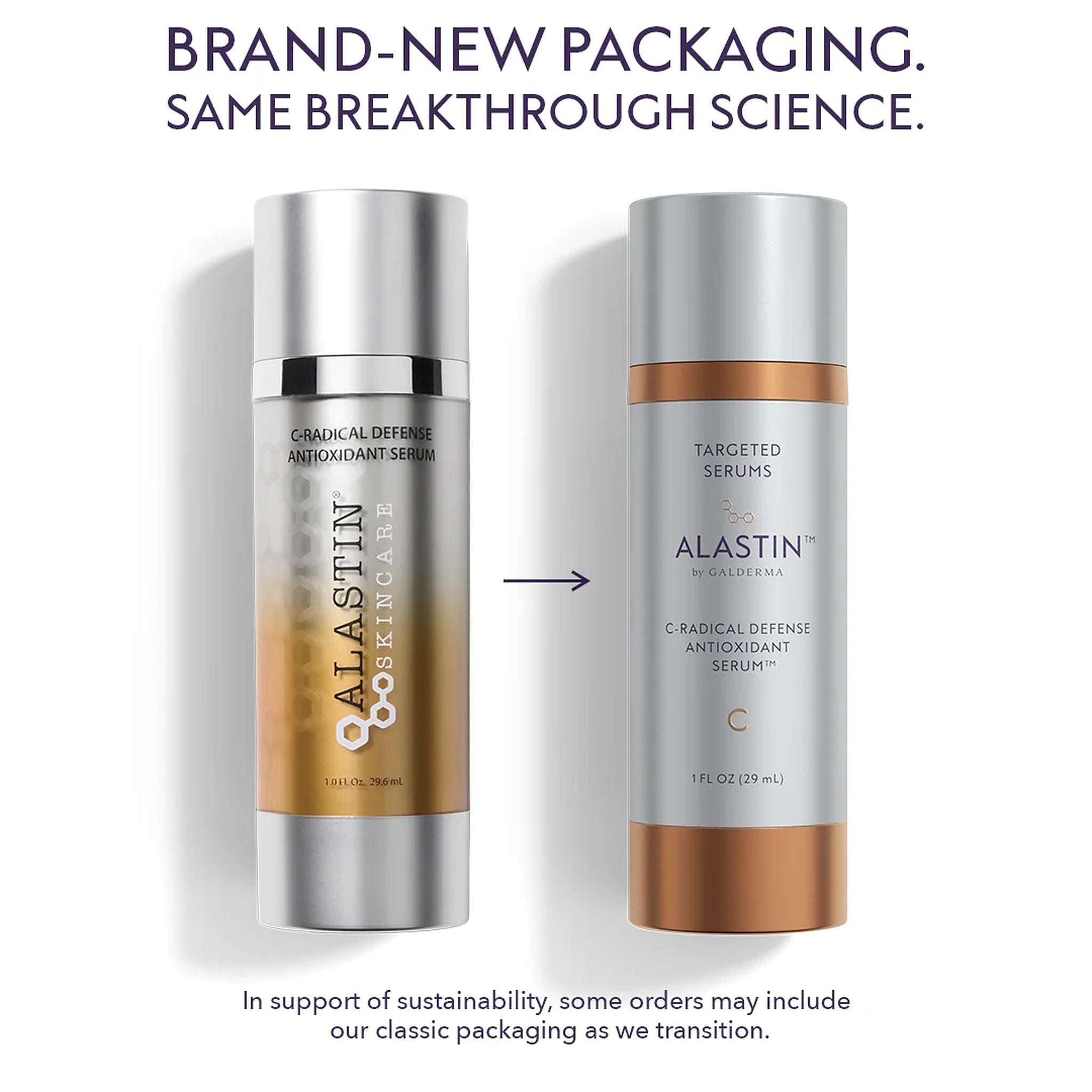 ALASTIN C-Radical Defense Antioxidant Serum classic packaging beside new packaging with the same vitamin C formula