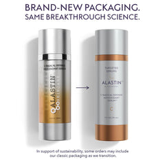 ALASTIN C-Radical Defense Antioxidant Serum classic packaging beside new packaging with the same vitamin C formula