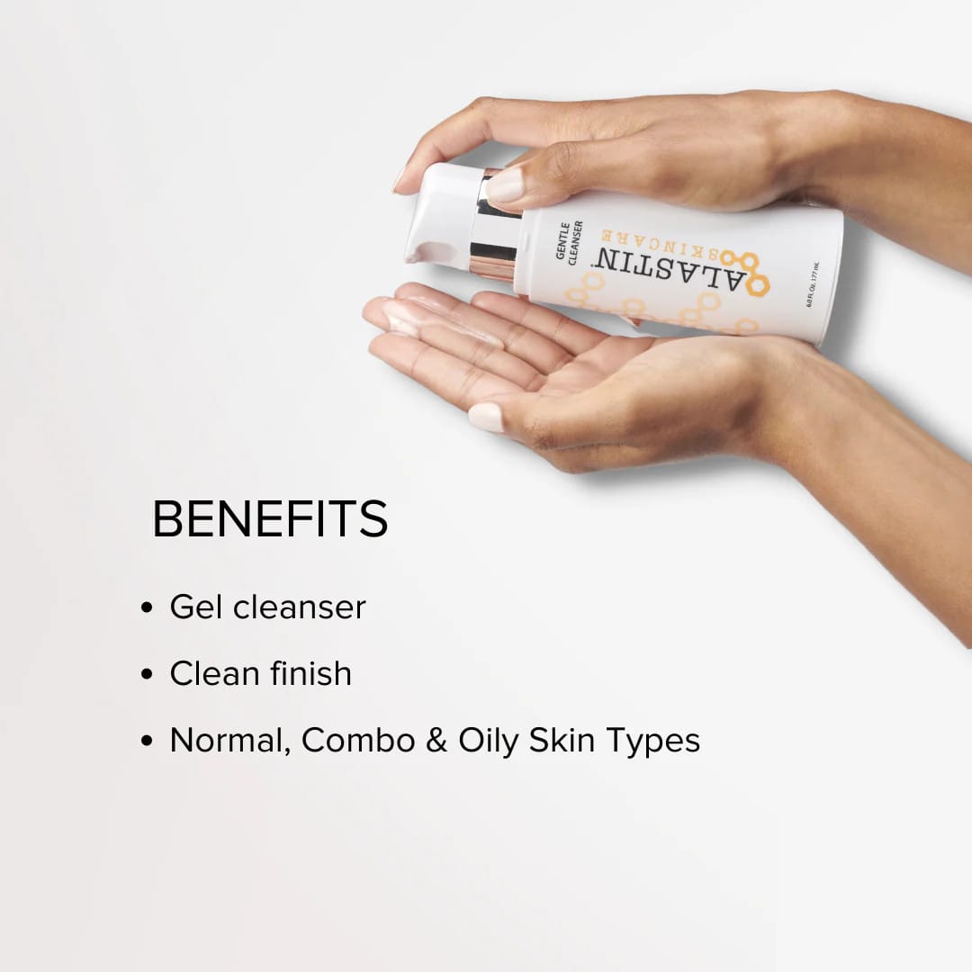 Hands dispensing ALASTIN Gentle Cleanser gel for a clean finish on normal combination and oily skin