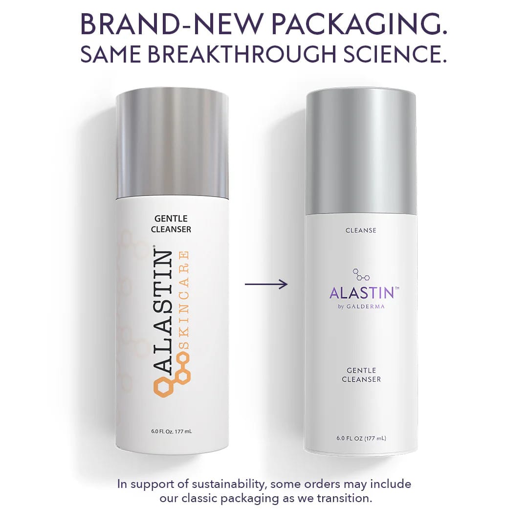 ALASTIN Gentle Cleanser classic Skincare bottle next to new Galderma bottle with the same formula