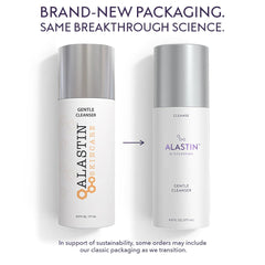 ALASTIN Gentle Cleanser classic Skincare bottle next to new Galderma bottle with the same formula