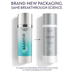 ALASTIN Skincare HA Immerse Serum classic teal bottle next to new ALASTIN by Galderma silver packaging