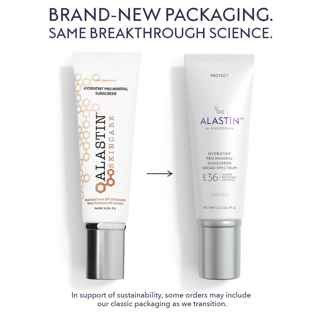 ALASTIN HydraTint Pro Mineral Sunscreen SPF 36 classic Skincare tube next to new Galderma tube with the same formula