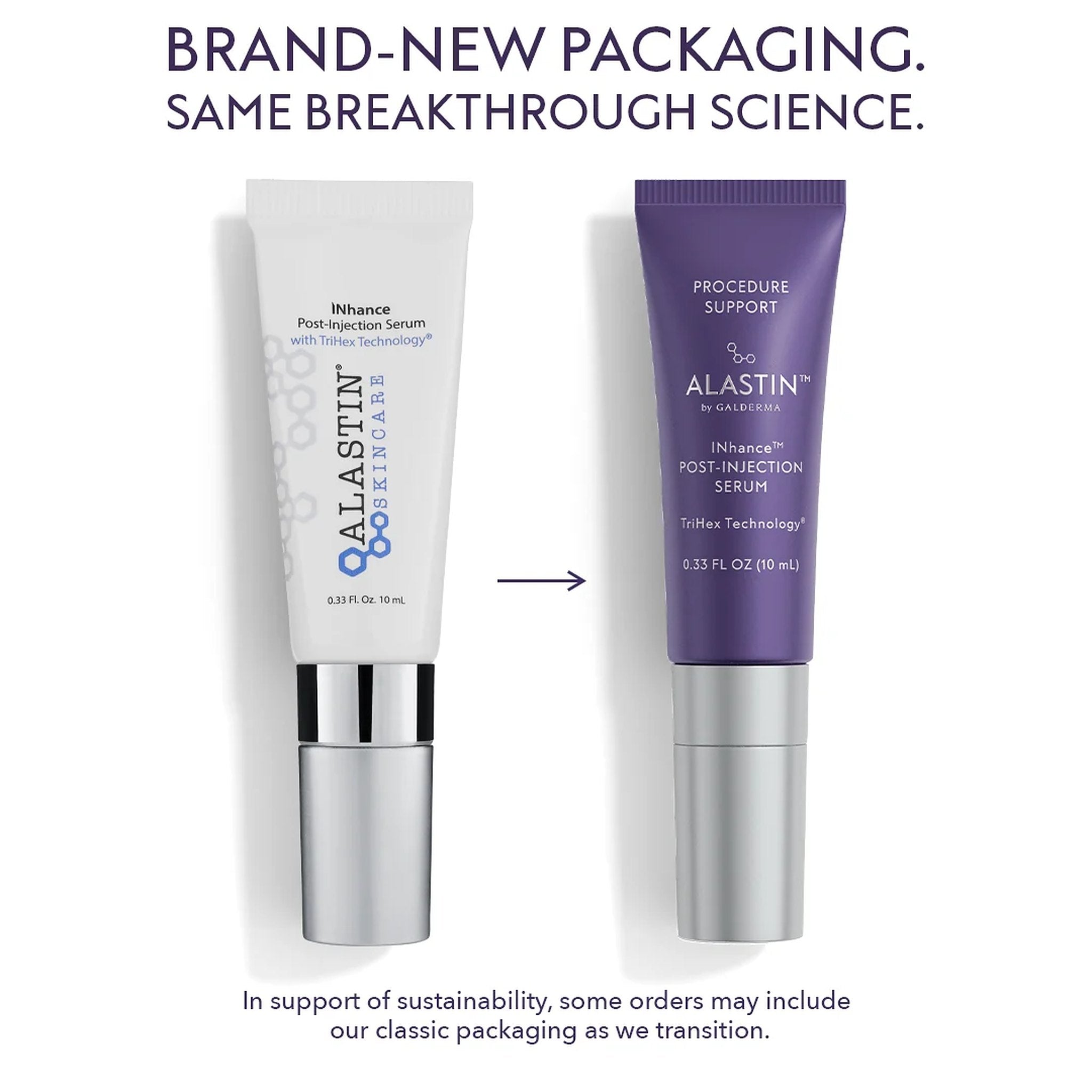 ALASTIN Skincare INhance Post-Injection Serum classic white tube next to new ALASTIN by Galderma purple packaging