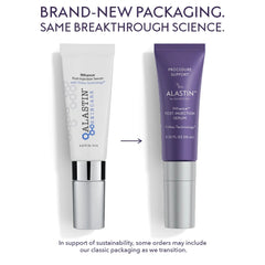 ALASTIN Skincare INhance Post-Injection Serum classic white tube next to new ALASTIN by Galderma purple packaging