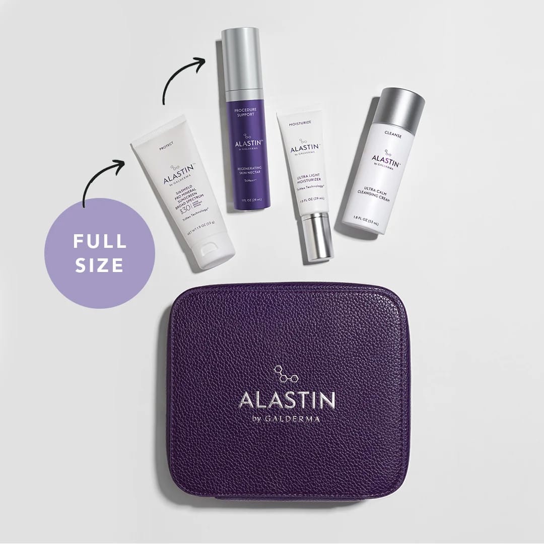 ALASTIN kit flat lay with full size SilkSHIELD SPF 30 and Skin Nectar plus Ultra Light Moisturizer and Ultra Calm cleanser