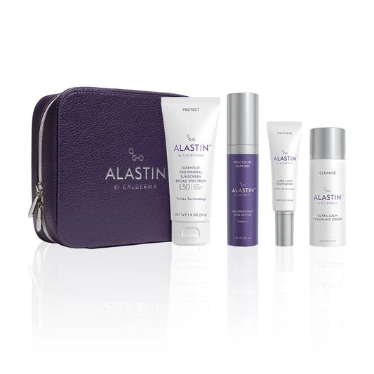 ALASTIN by Galderma kit with SilkSHIELD sunscreen Regenerating Skin Nectar moisturizer cleanser and purple case