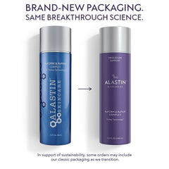 ALASTIN Skincare ReFORM & RePAIR Complex classic blue bottle next to new ALASTIN by Galderma purple packaging