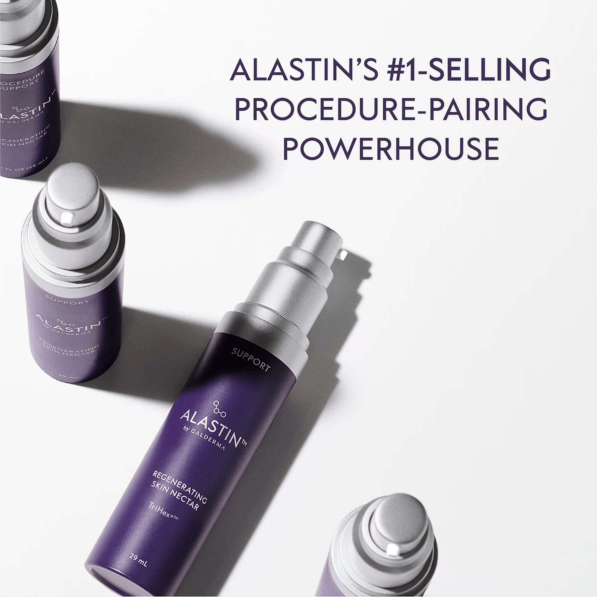 Alastin #1 selling Regenerating Skin Nectar procedure pairing serum bottles