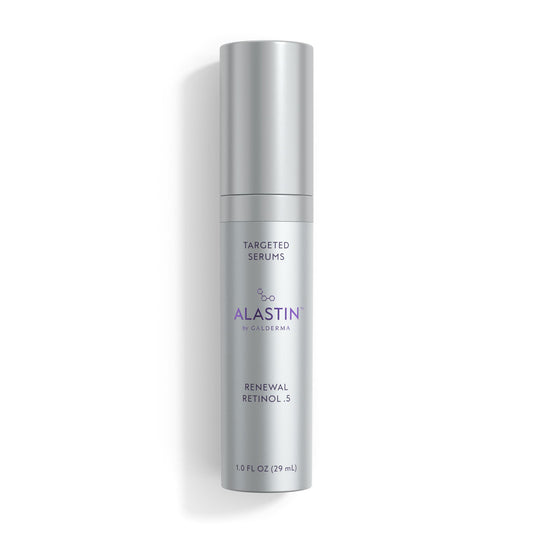 ALASTIN Renewal Retinol .5 1 oz targeted serum in new silver ALASTIN by Galderma packaging on white